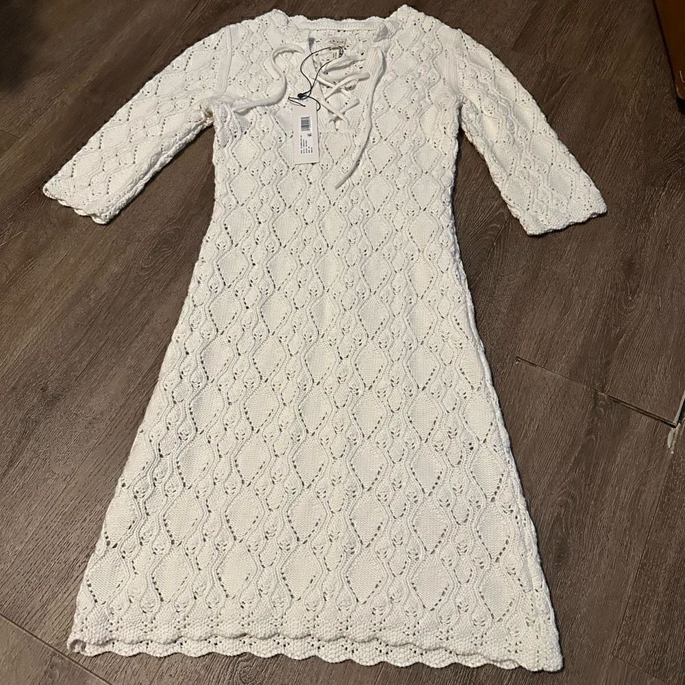 La Vie Rebecca Taylor Cream Crochet Dress Wool Blend With Lace Up Neck New XS